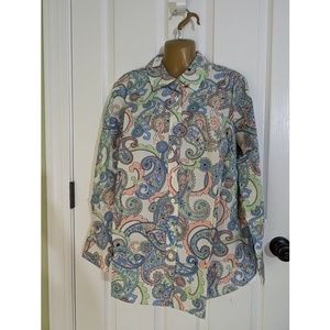 NWT TALBOTS Cotton Blouse Button-up Paisley Floral Sz 1X Blue Pink Green